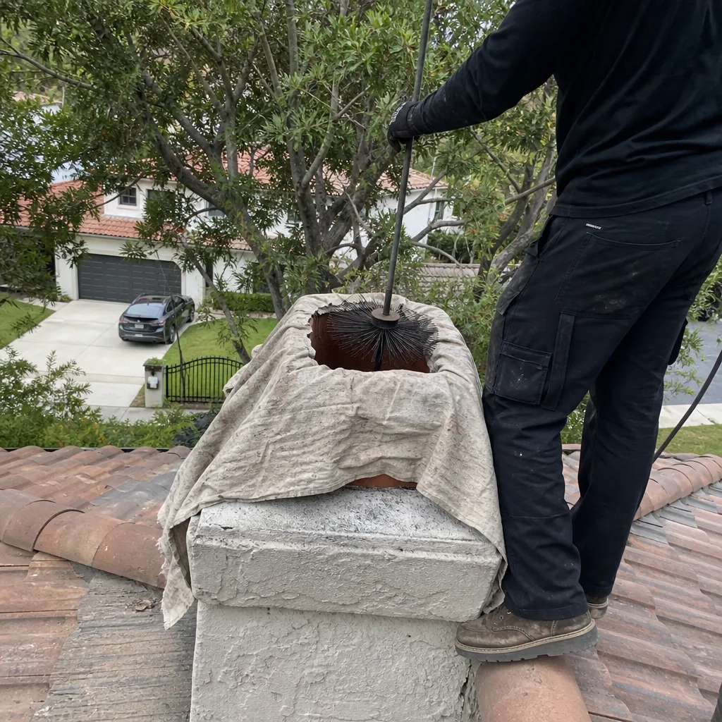 Professional chimney sweep cleaning a residential chimney from a roof