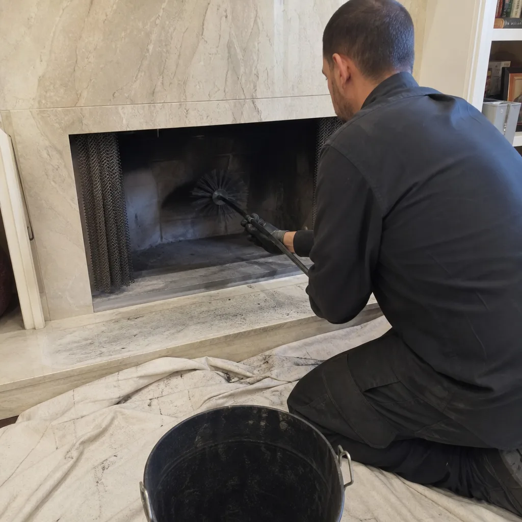Professional chimney sweep cleaning fireplace interior with wire brush