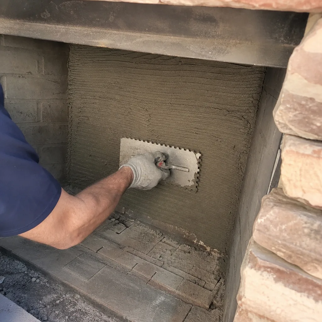 professional applying mortar to fireplace wall with notched trowel