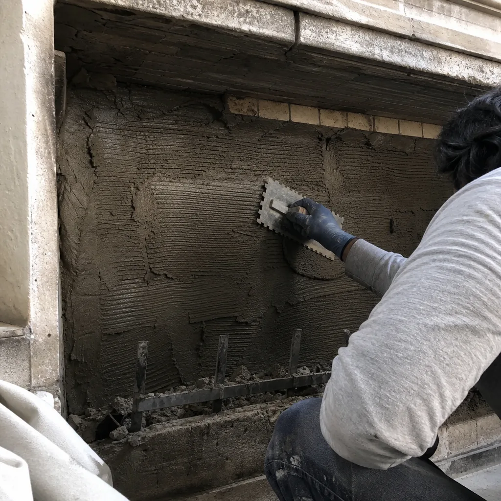Professional contractor applying mortar to fireplace interior during renovation services