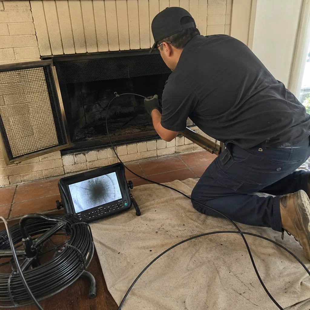 Professional technician performing a chimney inspection with a camera system.