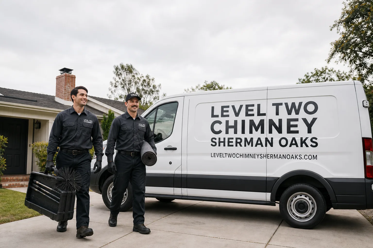 Emberly Chimney Cleaners Sherman Oaks chimney cleaning service vehicle and crew in Sherman Oaks, CA